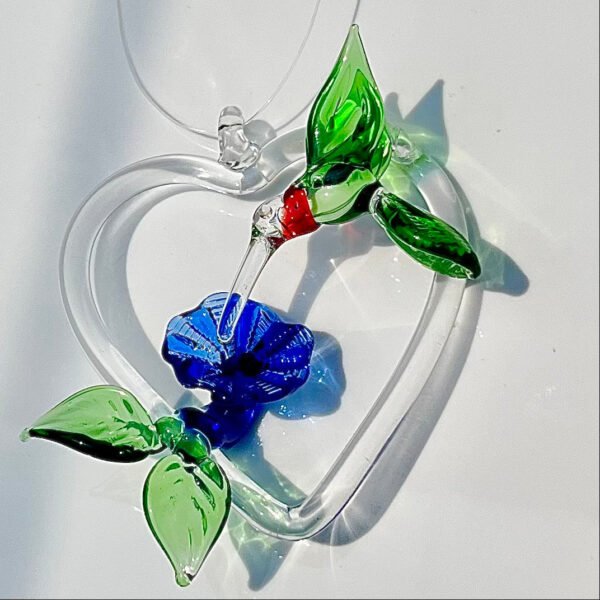 Eternal Love Hummingbird Glass Blown Heart Ornament